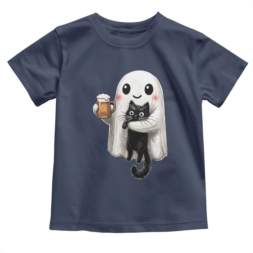 Funny Halloween Toddler T Shirt Cute Ghost Holding Black Cat Drinking Beer