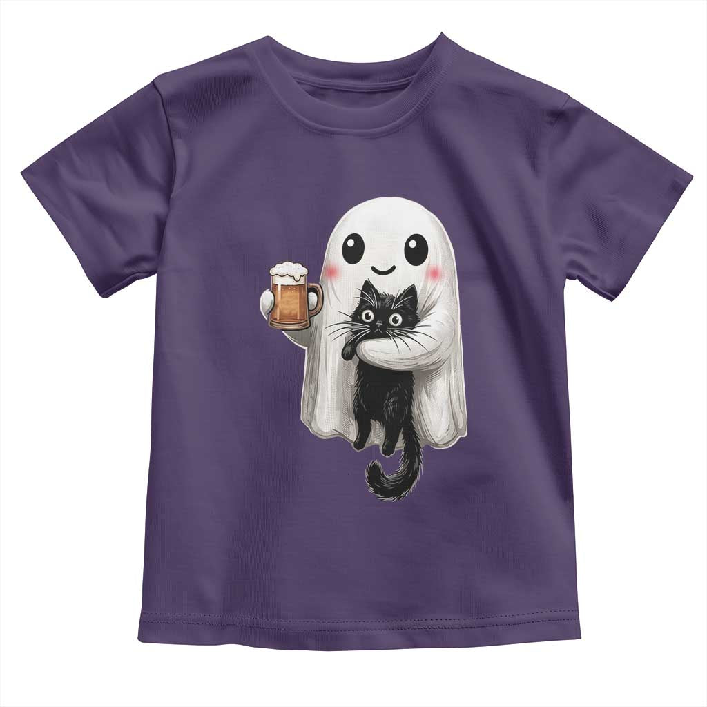 Funny Halloween Toddler T Shirt Cute Ghost Holding Black Cat Drinking Beer