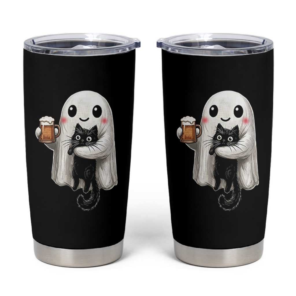 Funny Halloween Tumbler Cup Cute Ghost Holding Black Cat Drinking Beer