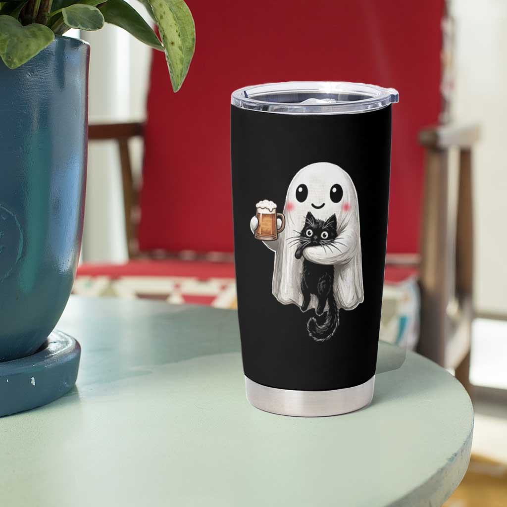 Funny Halloween Tumbler Cup Cute Ghost Holding Black Cat Drinking Beer