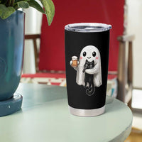 Funny Halloween Tumbler Cup Cute Ghost Holding Black Cat Drinking Beer