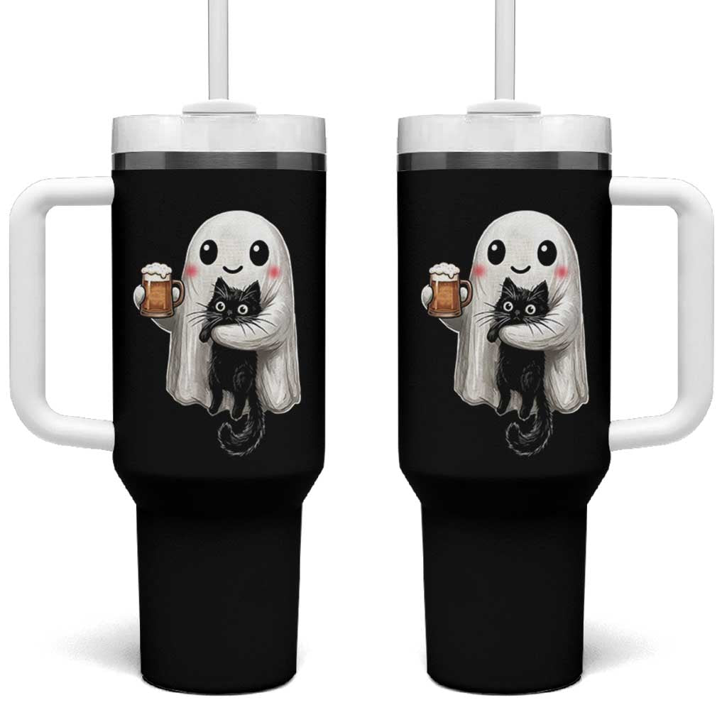 Funny Halloween Tumbler With Handle Cute Ghost Holding Black Cat Drinking Beer