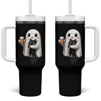 Funny Halloween Tumbler With Handle Cute Ghost Holding Black Cat Drinking Beer