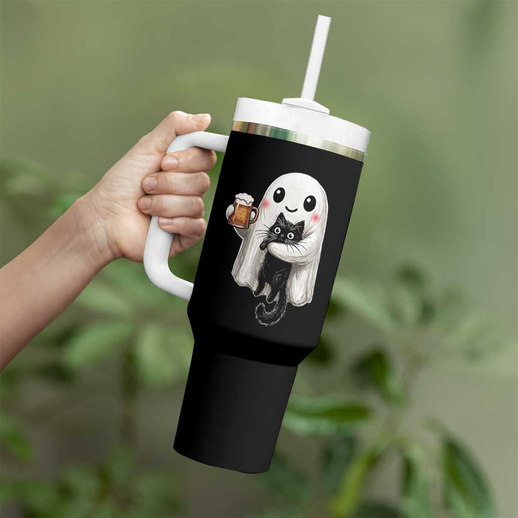 Funny Halloween Tumbler With Handle Cute Ghost Holding Black Cat Drinking Beer