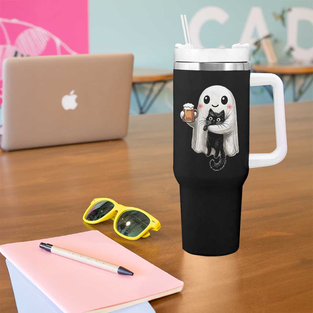 Funny Halloween Tumbler With Handle Cute Ghost Holding Black Cat Drinking Beer