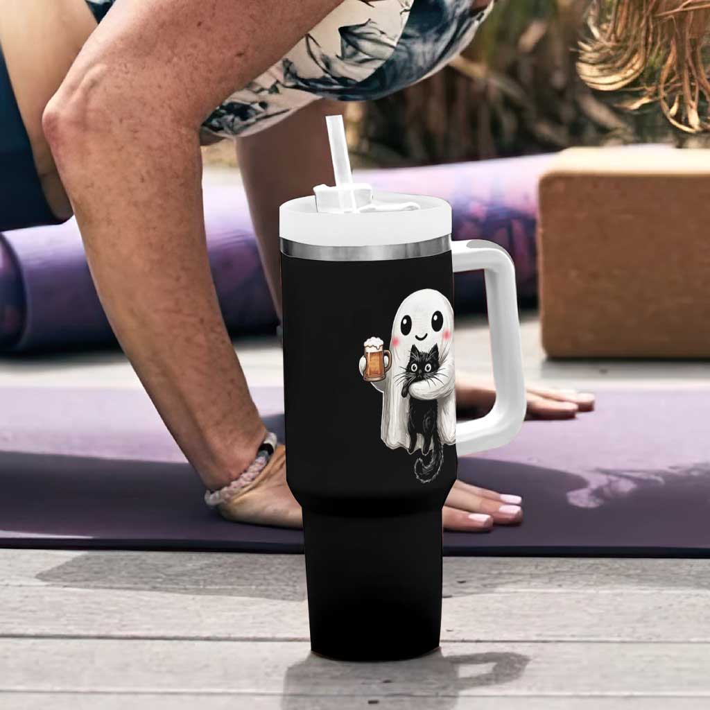 Funny Halloween Tumbler With Handle Cute Ghost Holding Black Cat Drinking Beer