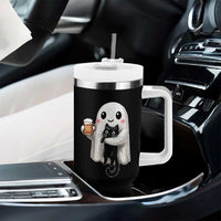 Funny Halloween Tumbler With Handle Cute Ghost Holding Black Cat Drinking Beer