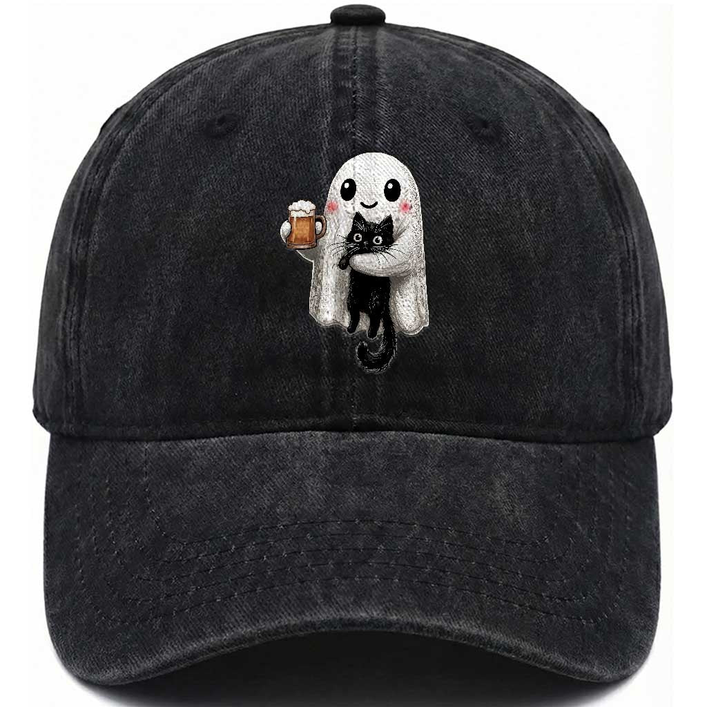 Funny Halloween Washed Cotton Baseball Cap Cute Ghost Holding Black Cat Drinking Beer
