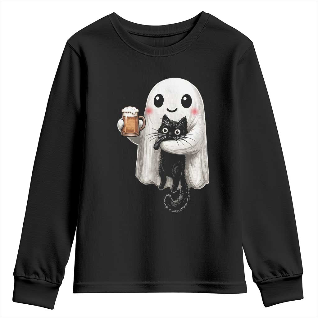 Funny Halloween Youth Sweatshirt Cute Ghost Holding Black Cat Drinking Beer