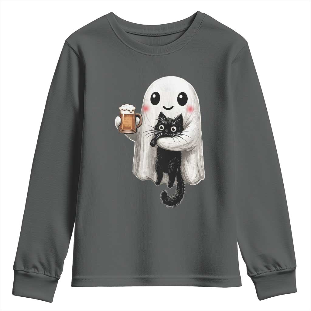 Funny Halloween Youth Sweatshirt Cute Ghost Holding Black Cat Drinking Beer