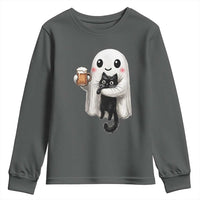 Funny Halloween Youth Sweatshirt Cute Ghost Holding Black Cat Drinking Beer