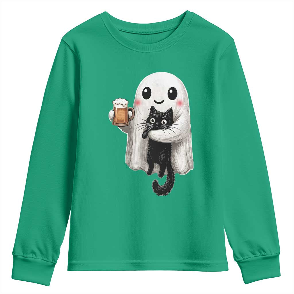 Funny Halloween Youth Sweatshirt Cute Ghost Holding Black Cat Drinking Beer