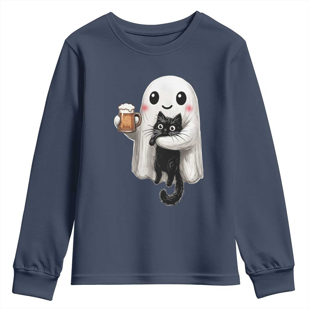 Funny Halloween Youth Sweatshirt Cute Ghost Holding Black Cat Drinking Beer