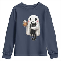 Funny Halloween Youth Sweatshirt Cute Ghost Holding Black Cat Drinking Beer