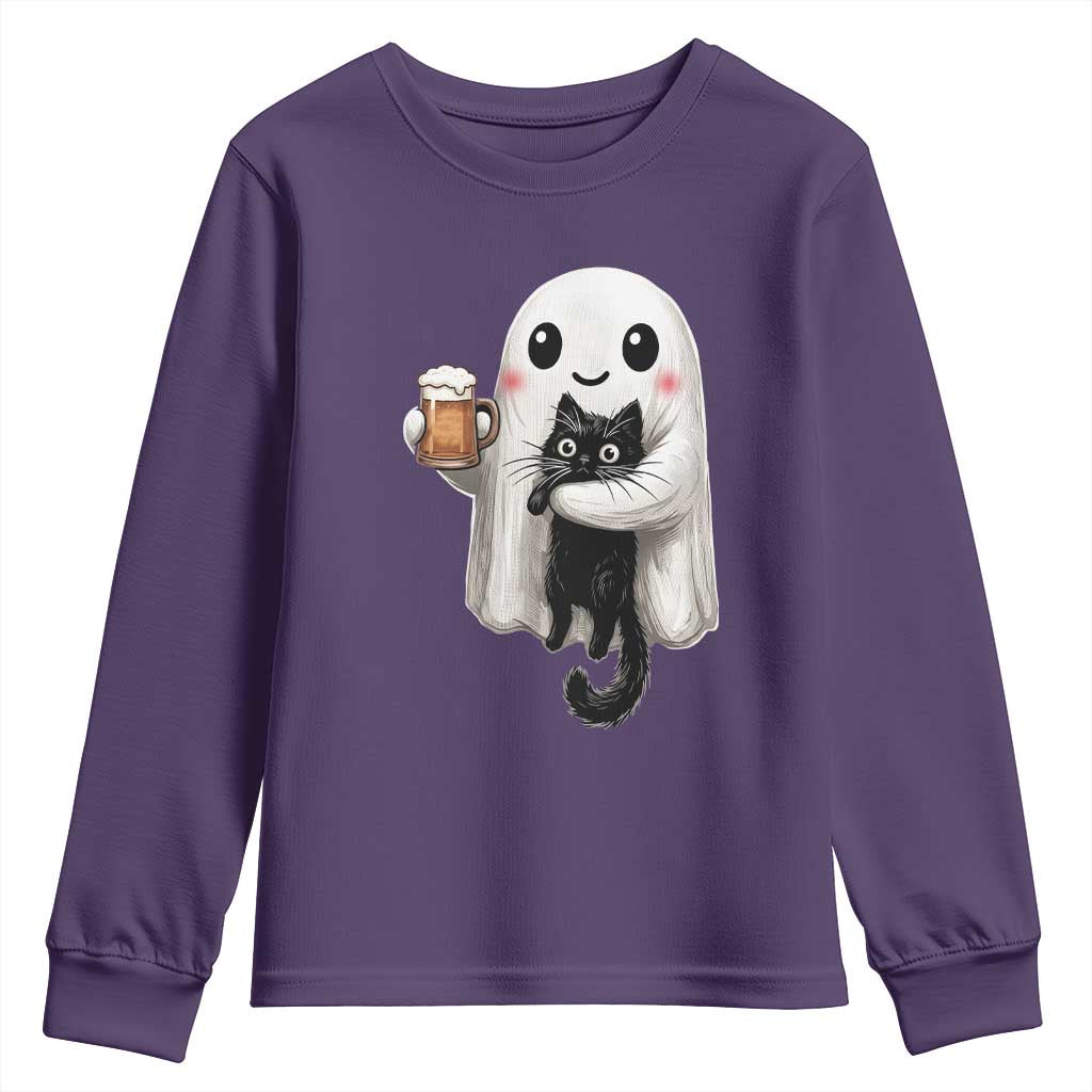 Funny Halloween Youth Sweatshirt Cute Ghost Holding Black Cat Drinking Beer