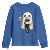 Funny Halloween Youth Sweatshirt Cute Ghost Holding Black Cat Drinking Beer