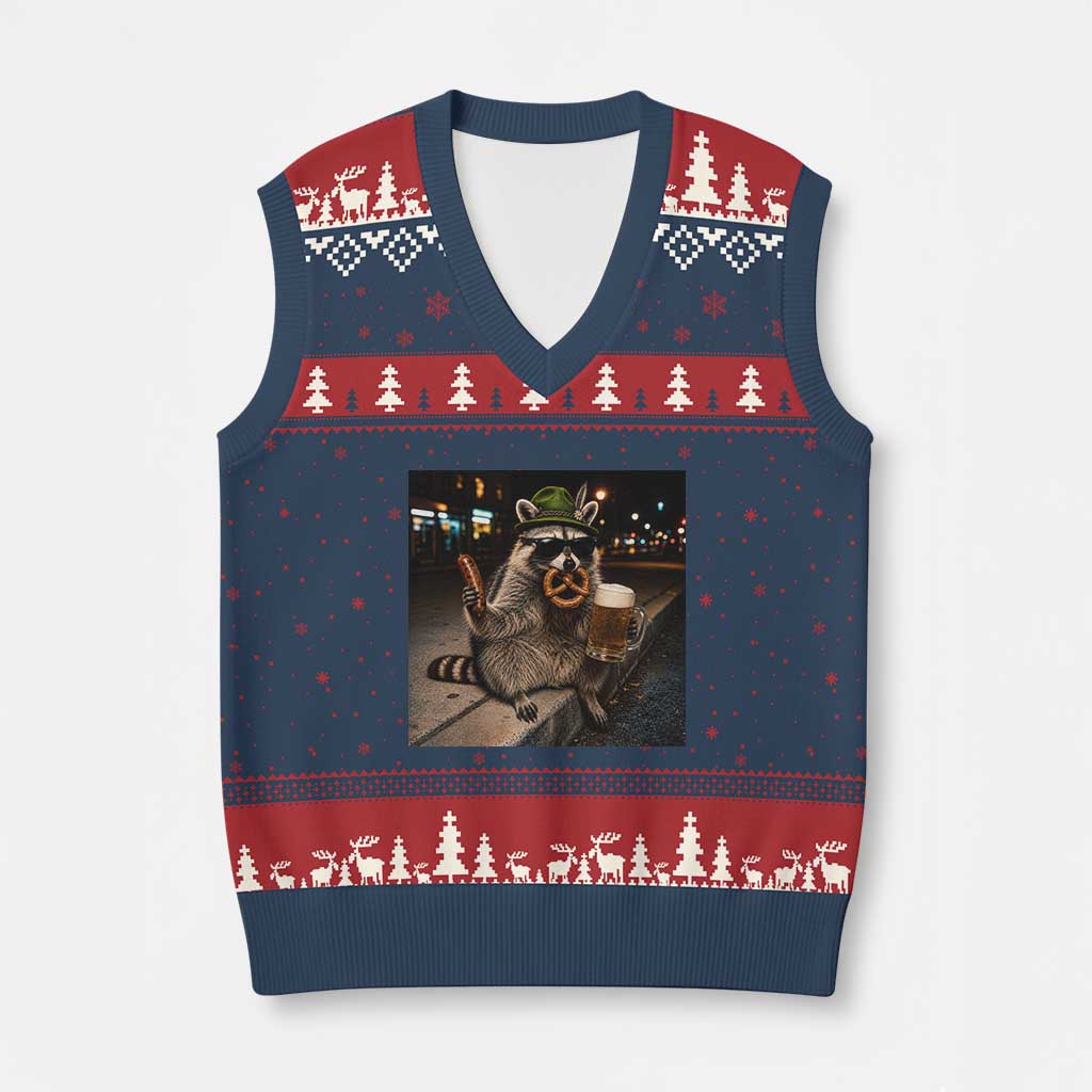 Funny Oktoberfest Raccoon V-Neck Knit Sweater Vest Cute Trash Panda Beer Festival Bavarian Gift