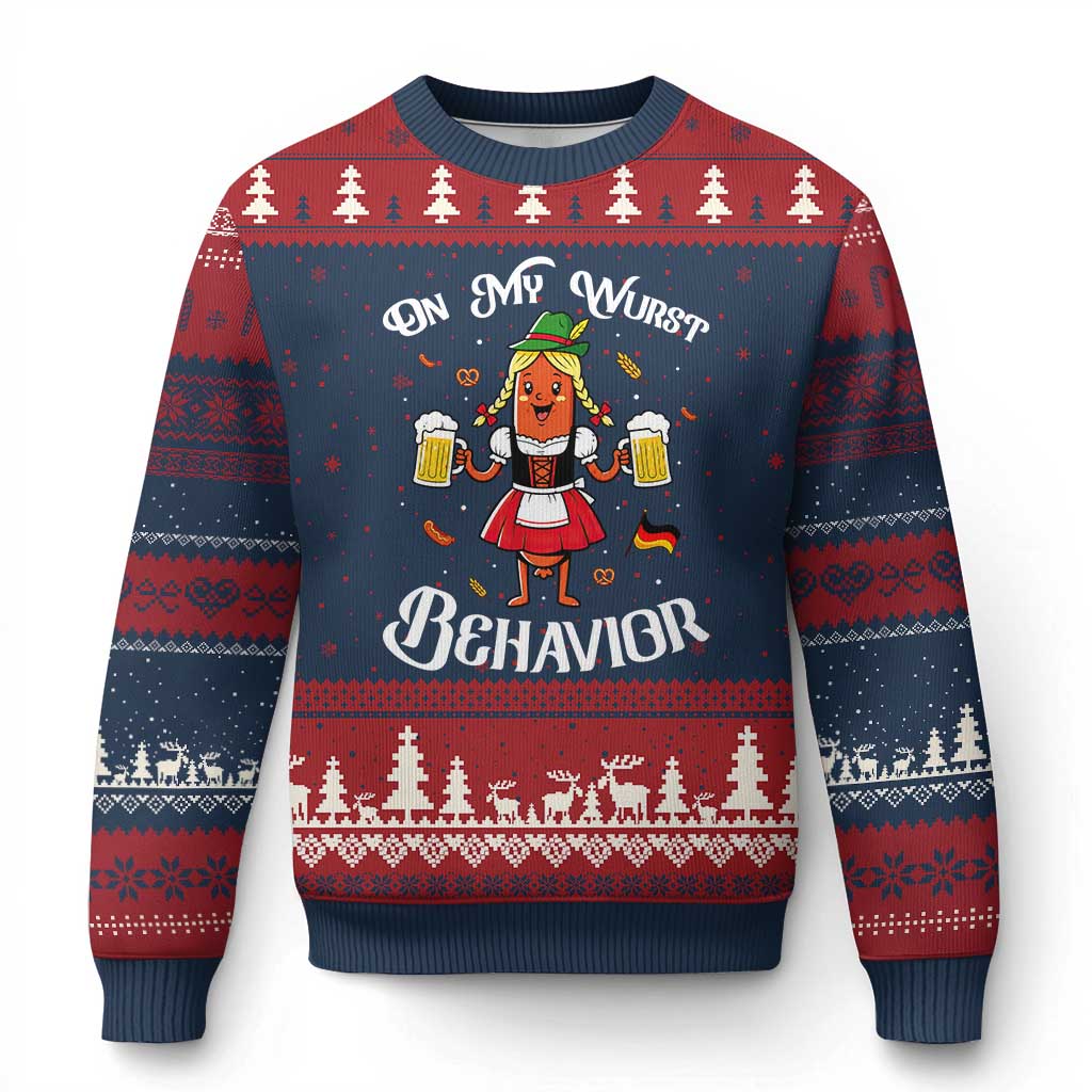 Funny Oktoberfest Sausage Dirndl German Beer Ugly Christmas Sweater On My Wurst Behavior