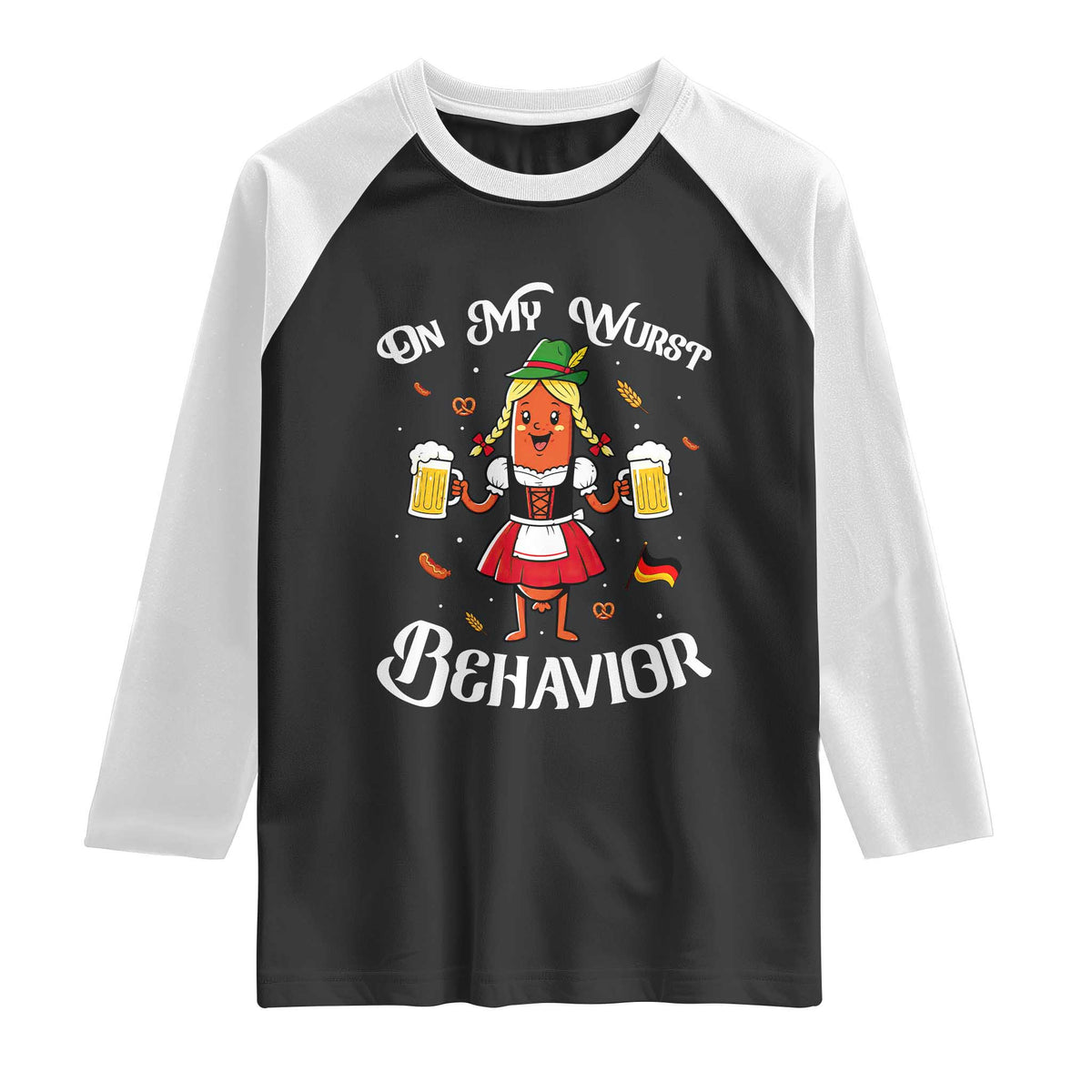 Funny Oktoberfest Sausage Dirndl German Beer Raglan Shirt On My Wurst Behavior