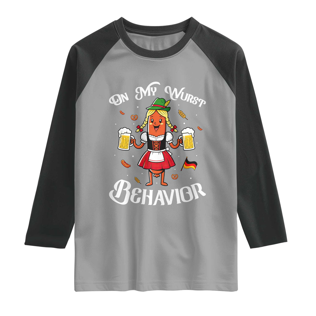 Funny Oktoberfest Sausage Dirndl German Beer Raglan Shirt On My Wurst Behavior