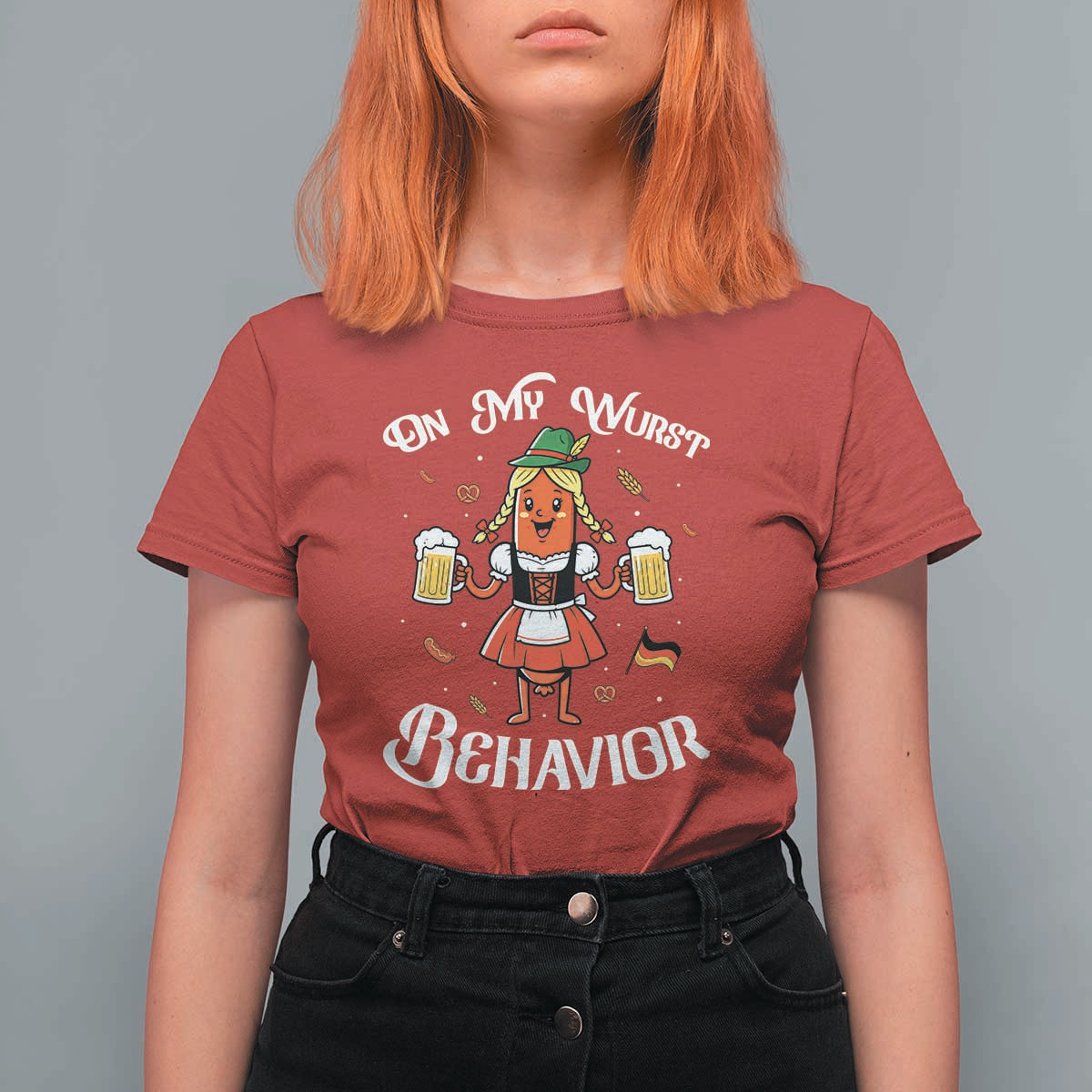 Funny Oktoberfest Sausage Dirndl German Beer T Shirt For Women On My Wurst Behavior