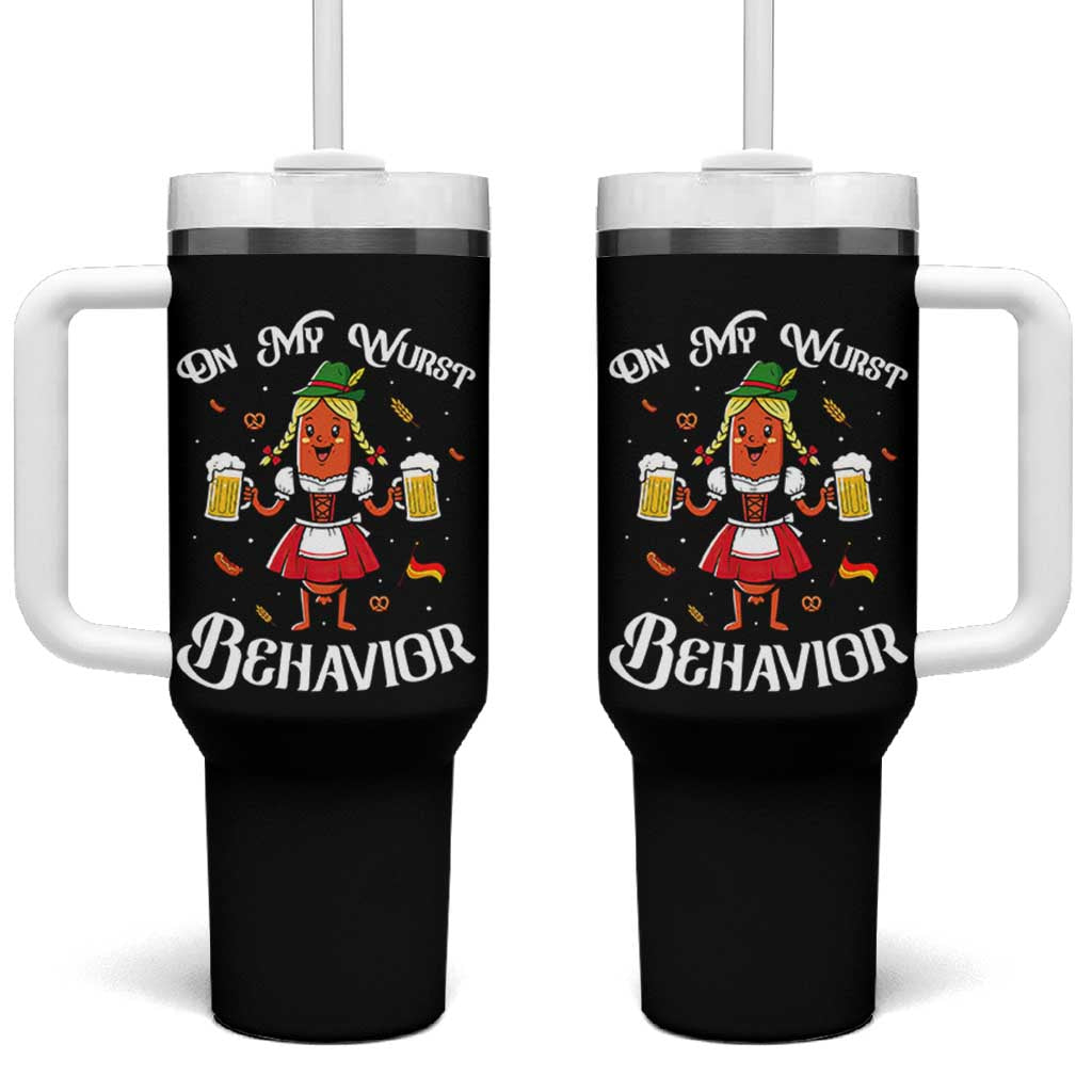 Funny Oktoberfest Sausage Dirndl German Beer Tumbler With Handle On My Wurst Behavior