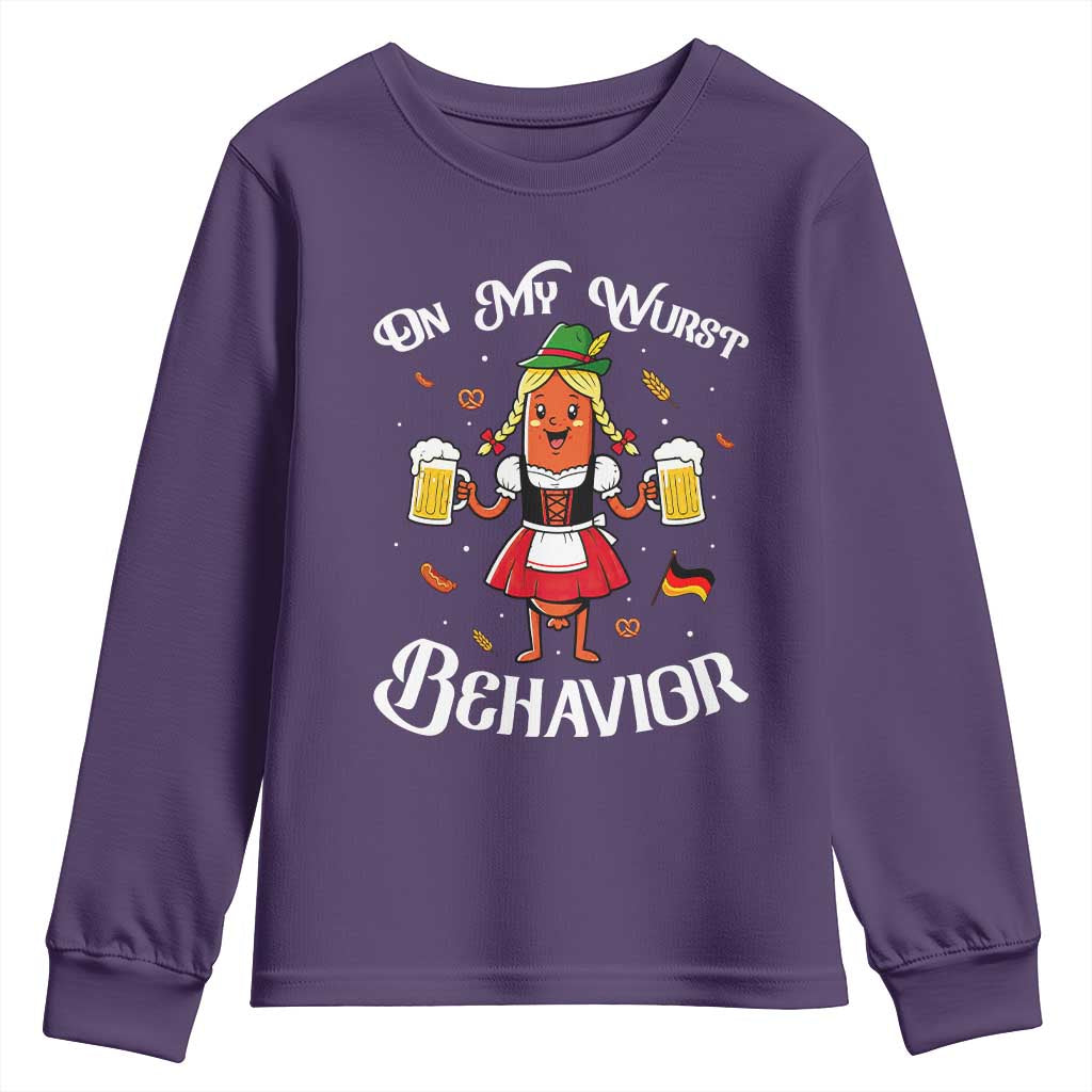Funny Oktoberfest Sausage Dirndl German Beer Youth Sweatshirt On My Wurst Behavior