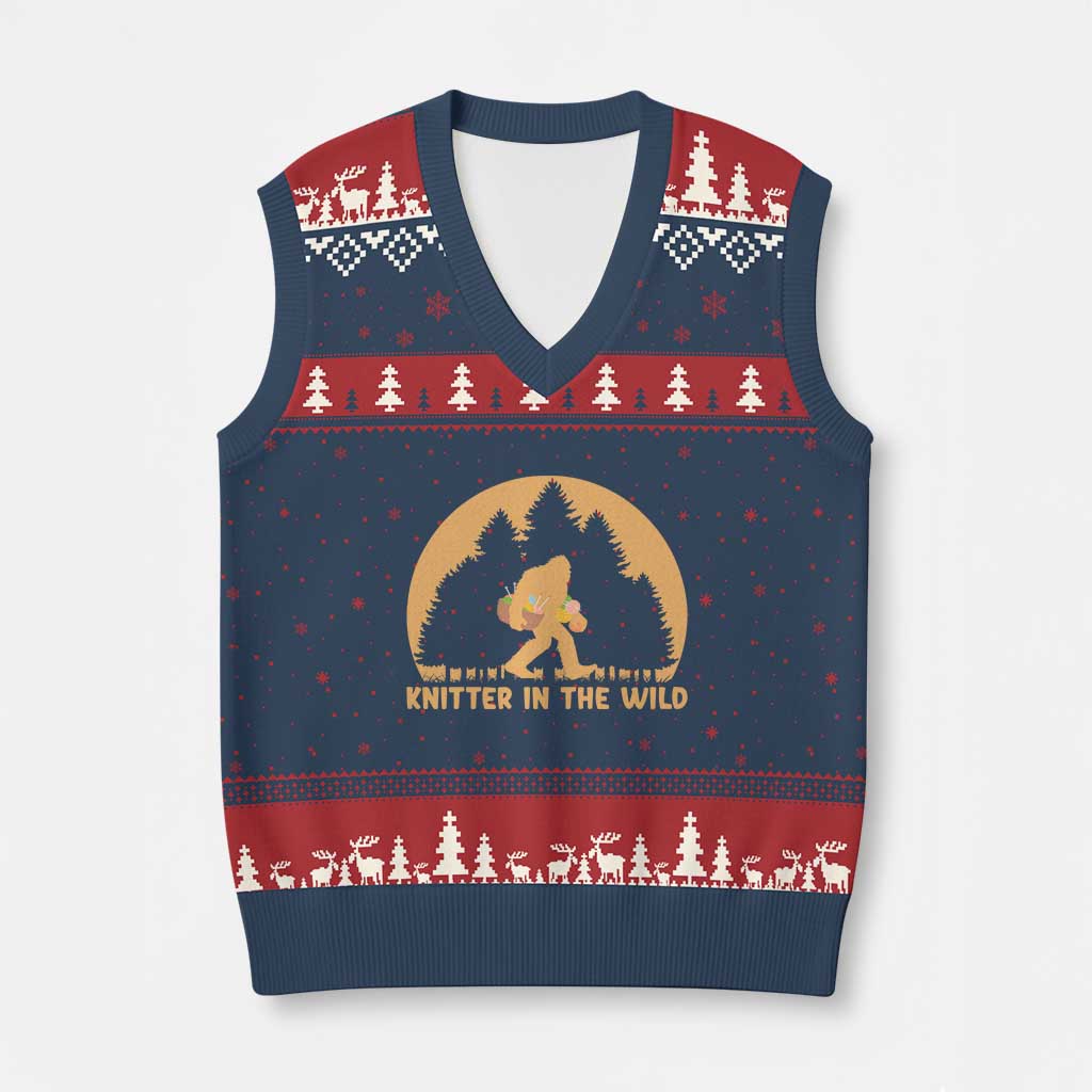Knitting Bigfoot In The Wild Funny Gift V-Neck Knit Sweater Vest - Wonder Print Shop