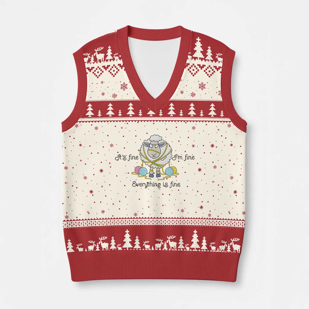 Its Fine I am Fine Everything Is Fine V-Neck Knit Sweater Vest Funny Sheep Yarn Chaos - Wonder Print Shop