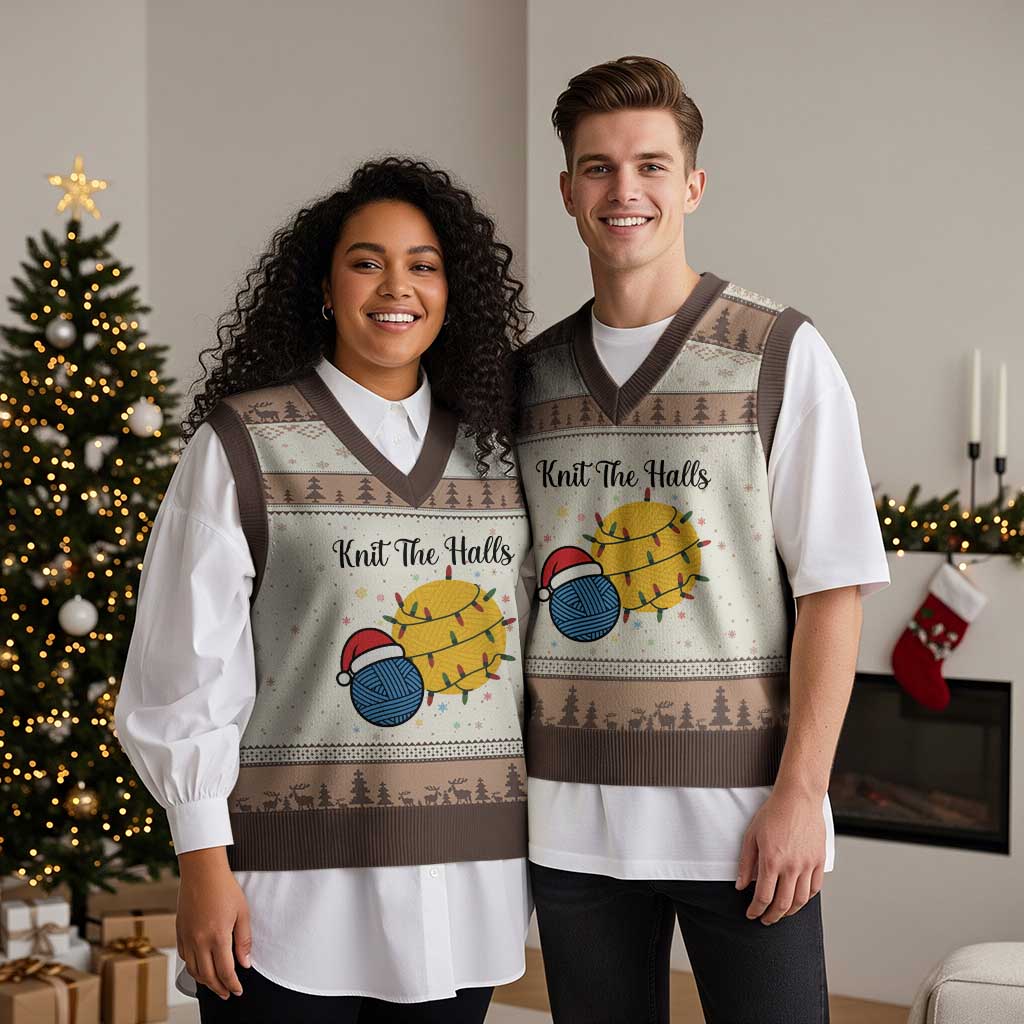Knit The Halls V-Neck Knit Sweater Vest Funny Knitters Xmas Gift - Wonder Print Shop