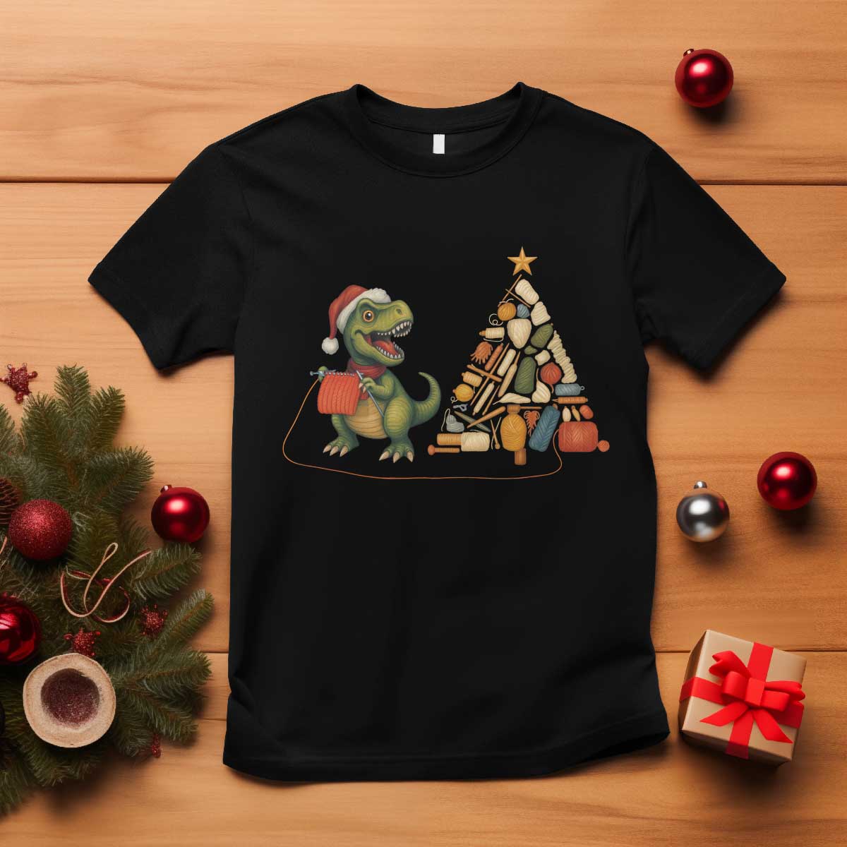 Christmas Dinosaur Knitting T Shirt Funny Yarn Tree Gift - Wonder Print Shop