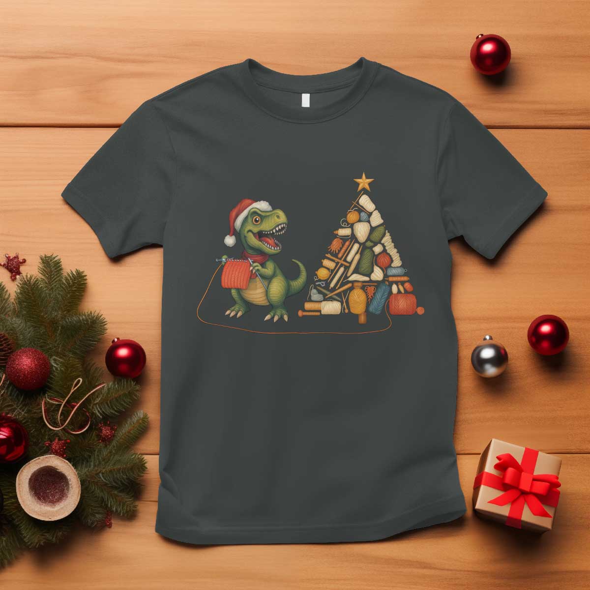 Christmas Dinosaur Knitting T Shirt Funny Yarn Tree Gift - Wonder Print Shop