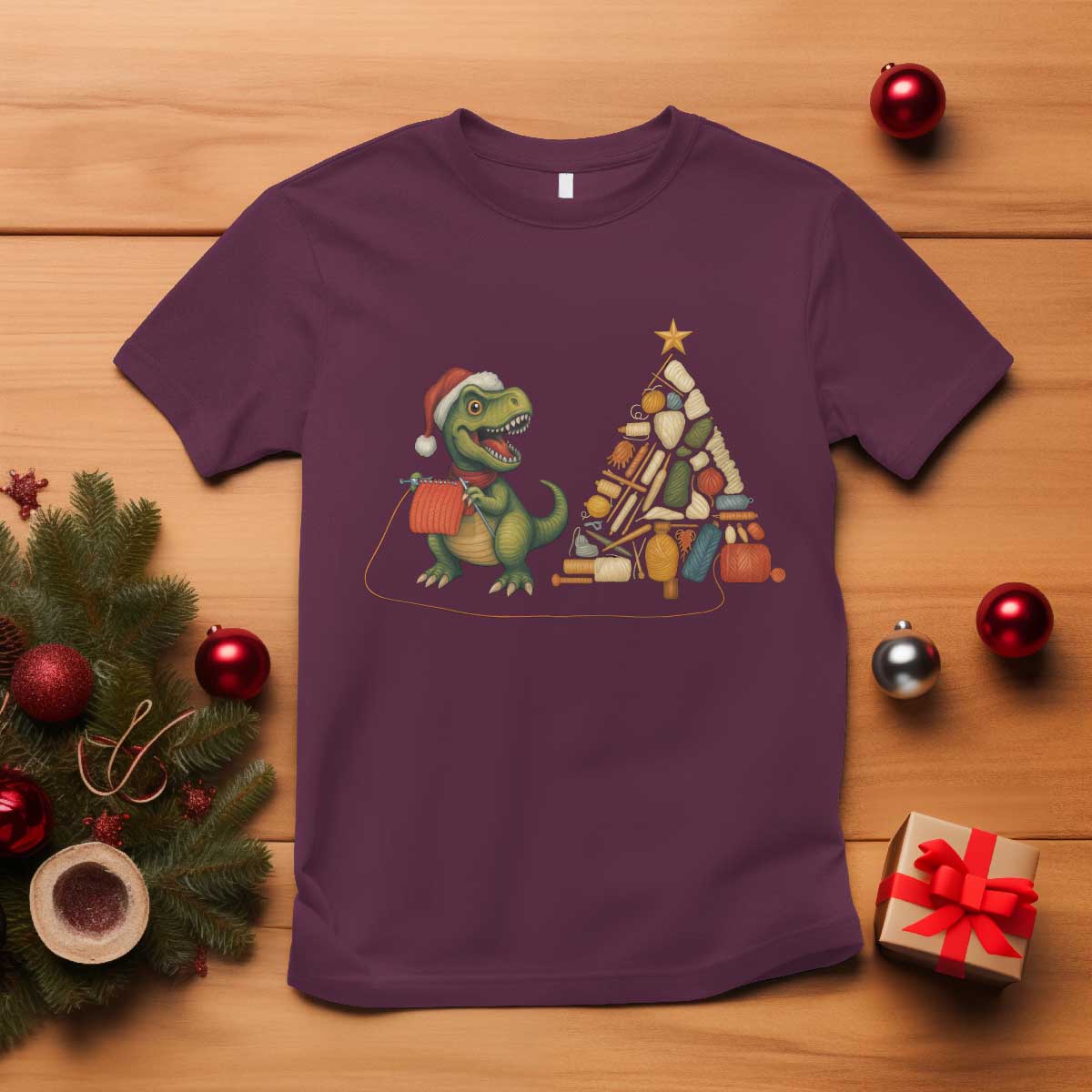 Christmas Dinosaur Knitting T Shirt Funny Yarn Tree Gift - Wonder Print Shop