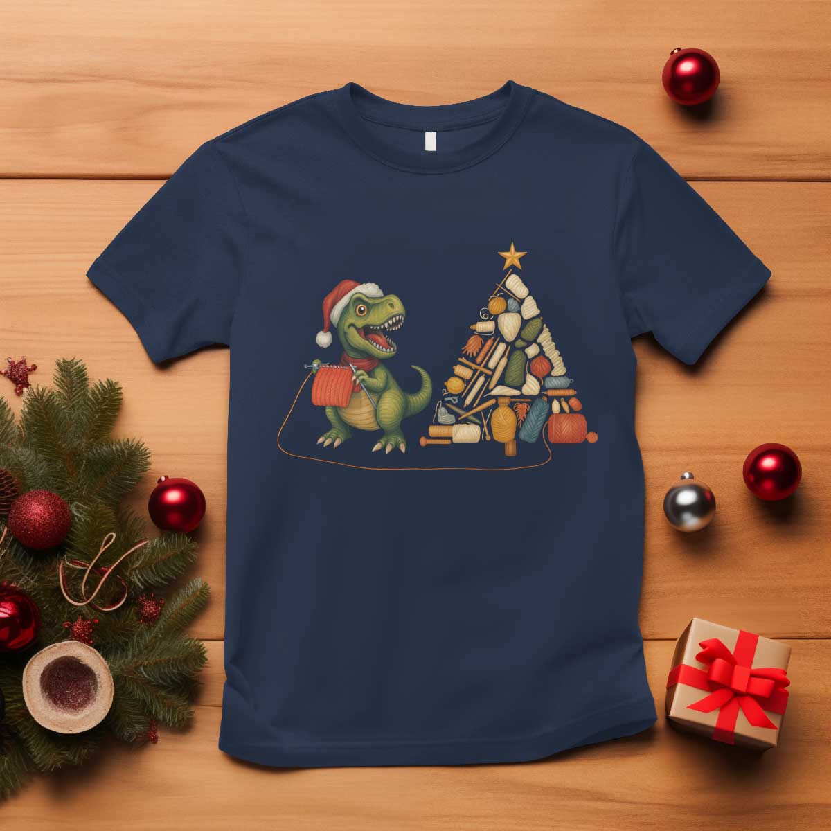 Christmas Dinosaur Knitting T Shirt Funny Yarn Tree Gift - Wonder Print Shop