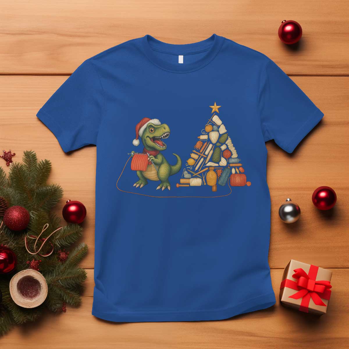 Christmas Dinosaur Knitting T Shirt Funny Yarn Tree Gift - Wonder Print Shop