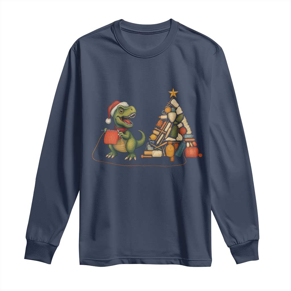 Christmas Dinosaur Knitting Long Sleeve Shirt Funny Yarn Tree Gift - Wonder Print Shop