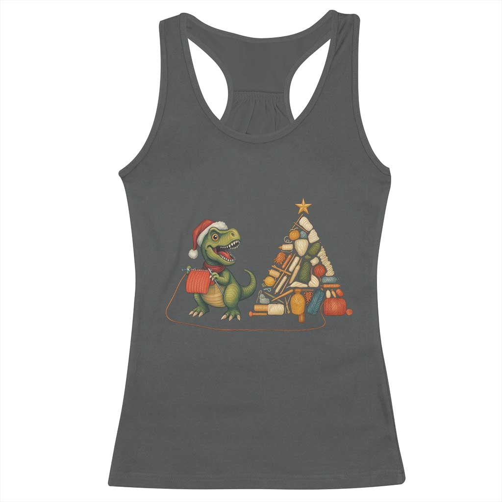 Christmas Dinosaur Knitting Racerback Tank Top Funny Yarn Tree Gift - Wonder Print Shop