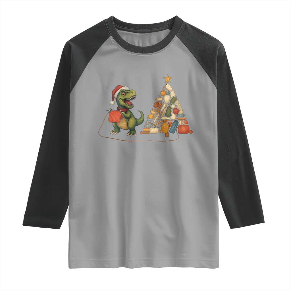 Christmas Dinosaur Knitting Raglan Shirt Funny Yarn Tree Gift - Wonder Print Shop