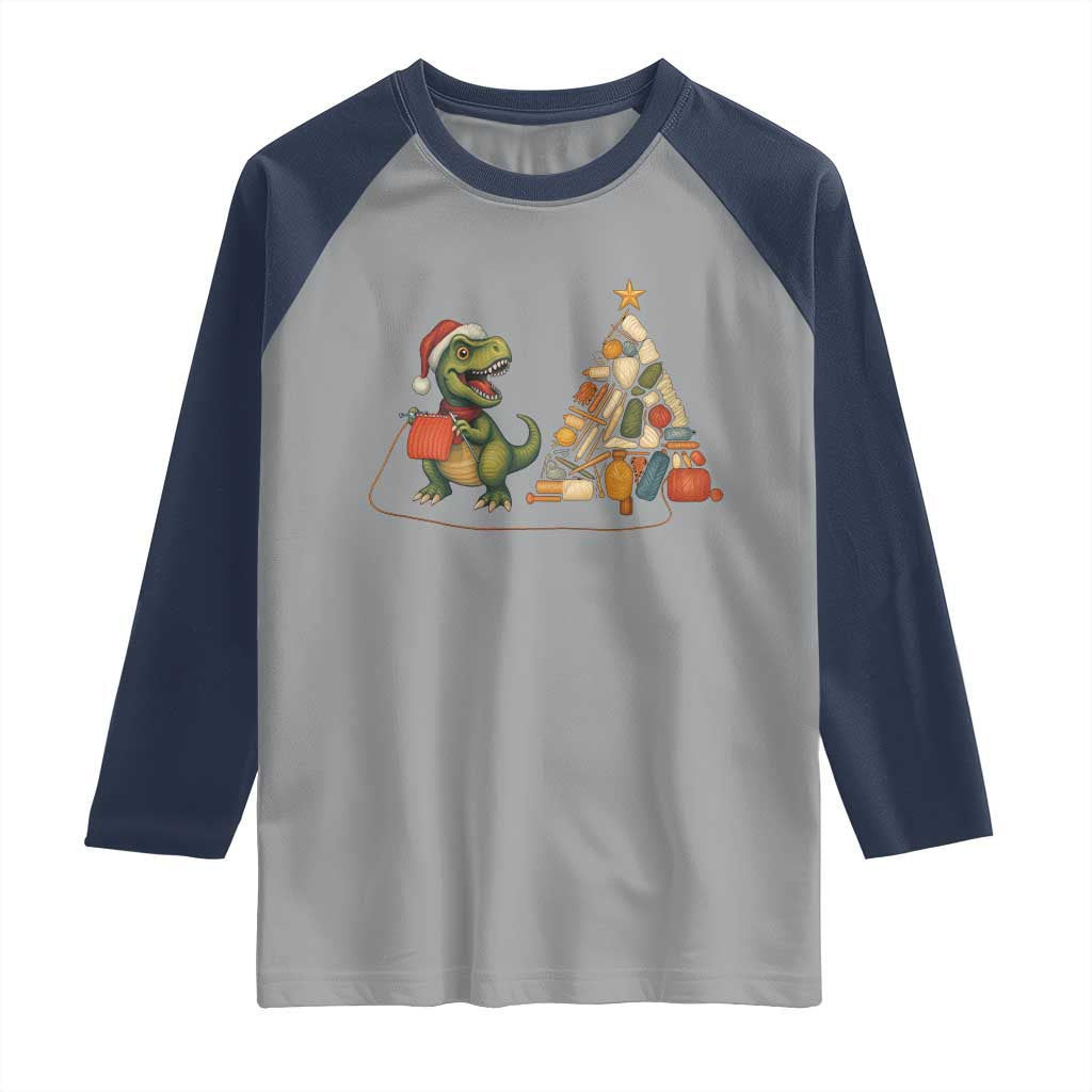 Christmas Dinosaur Knitting Raglan Shirt Funny Yarn Tree Gift - Wonder Print Shop