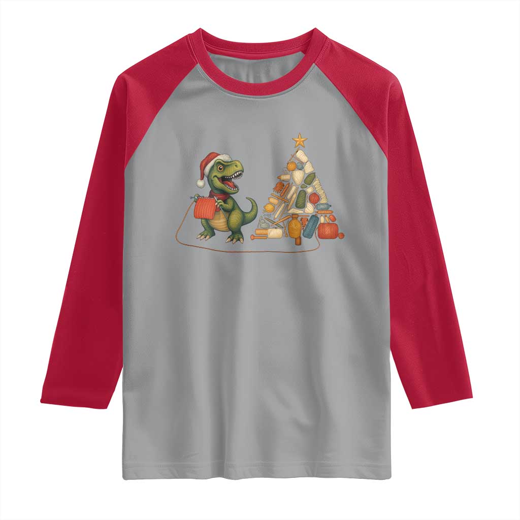 Christmas Dinosaur Knitting Raglan Shirt Funny Yarn Tree Gift - Wonder Print Shop