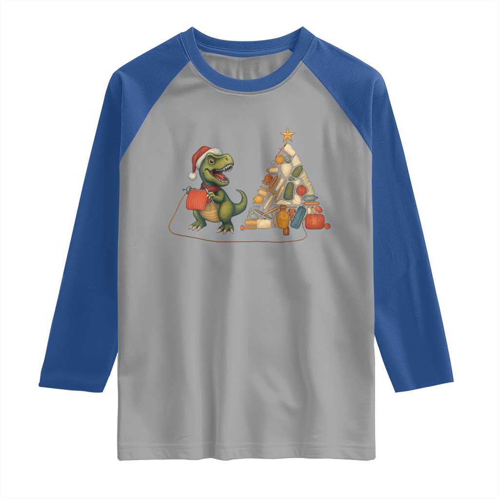 Christmas Dinosaur Knitting Raglan Shirt Funny Yarn Tree Gift - Wonder Print Shop