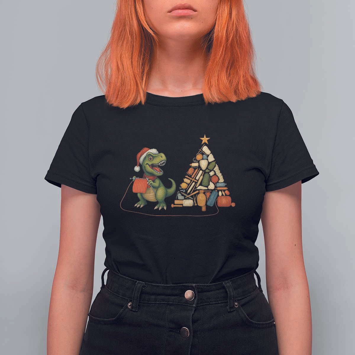 Christmas Dinosaur Knitting T Shirt For Women Funny Yarn Tree Gift - Wonder Print Shop