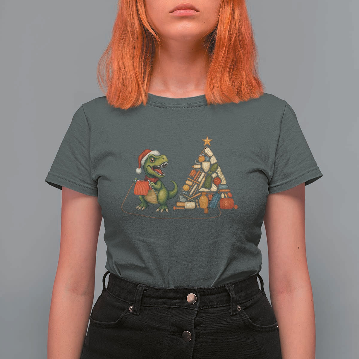 Christmas Dinosaur Knitting T Shirt For Women Funny Yarn Tree Gift - Wonder Print Shop