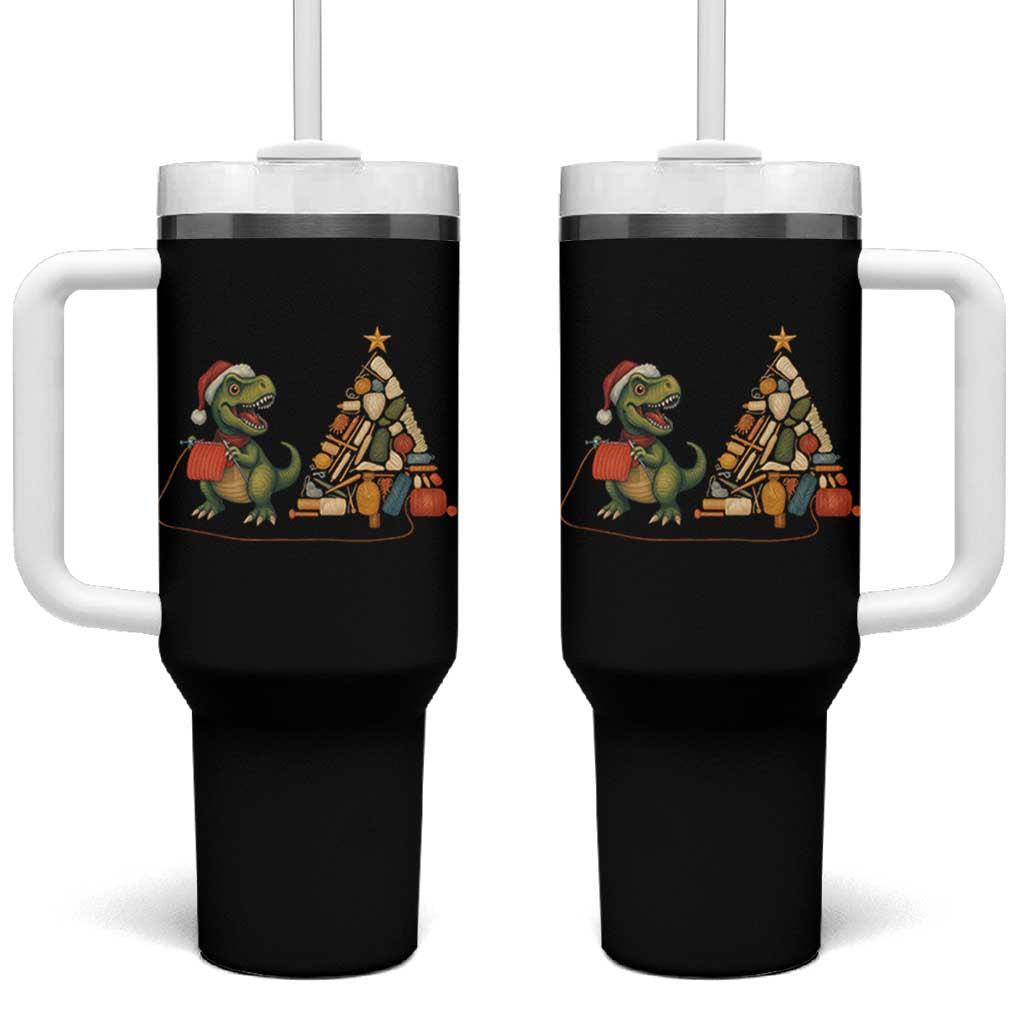 Christmas Dinosaur Knitting Tumbler With Handle Funny Yarn Tree Gift - Wonder Print Shop