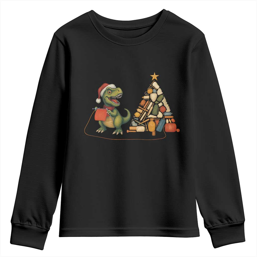 Christmas Dinosaur Knitting Youth Sweatshirt Funny Yarn Tree Gift - Wonder Print Shop