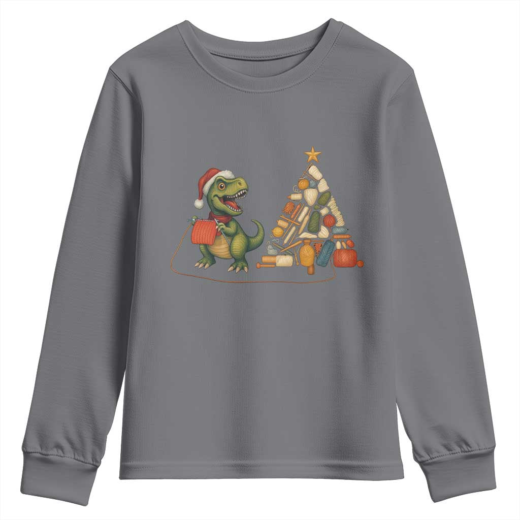 Christmas Dinosaur Knitting Youth Sweatshirt Funny Yarn Tree Gift - Wonder Print Shop