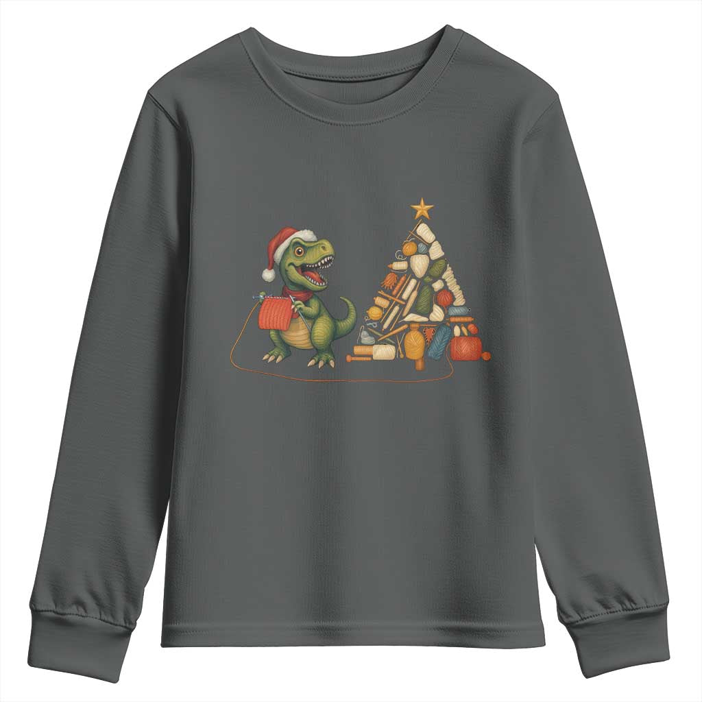 Christmas Dinosaur Knitting Youth Sweatshirt Funny Yarn Tree Gift - Wonder Print Shop