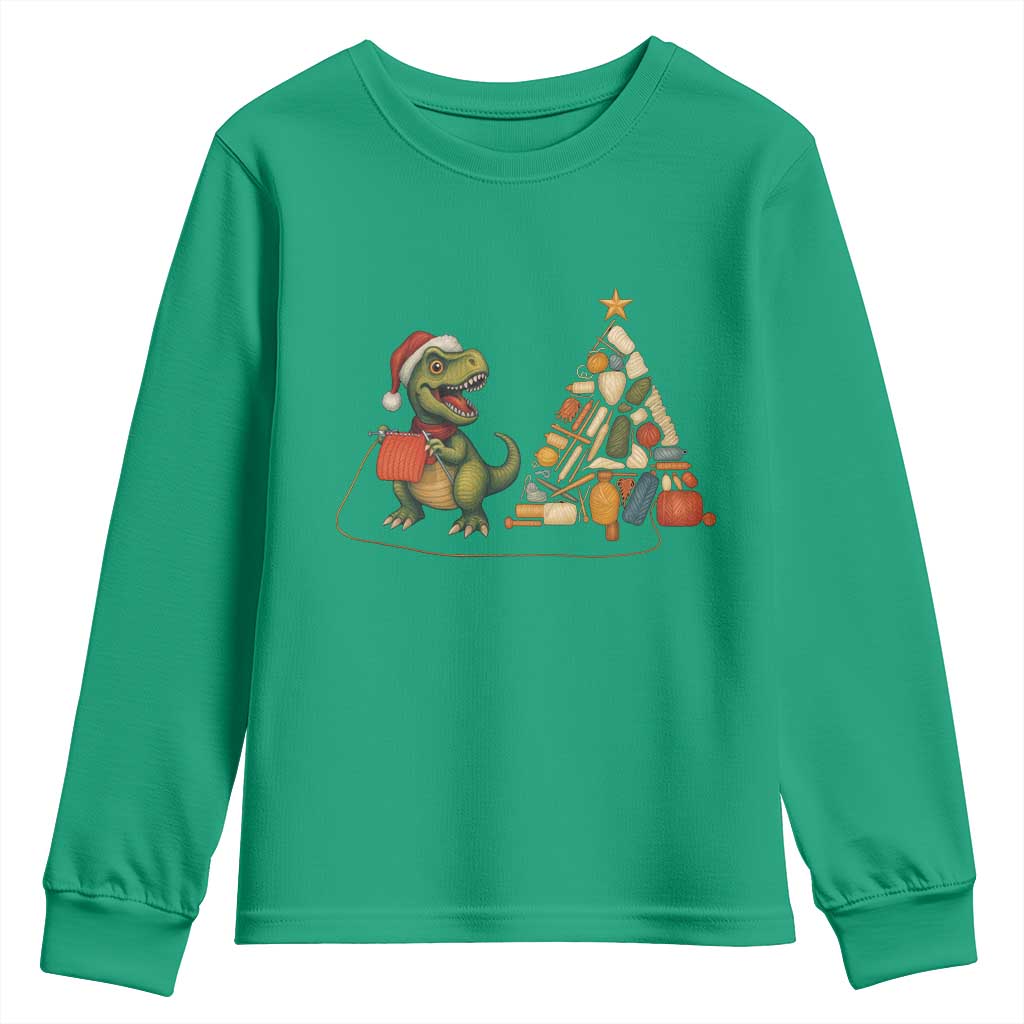 Christmas Dinosaur Knitting Youth Sweatshirt Funny Yarn Tree Gift - Wonder Print Shop