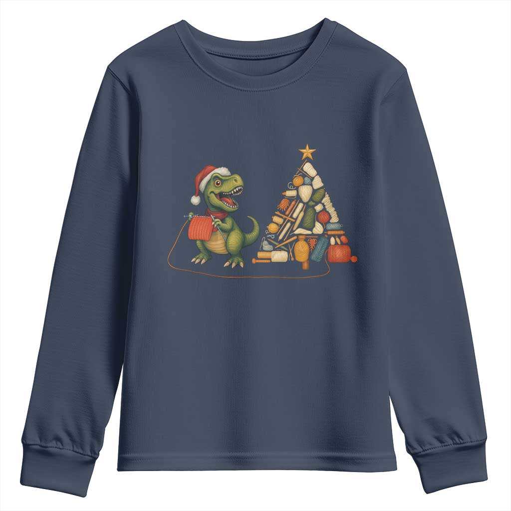Christmas Dinosaur Knitting Youth Sweatshirt Funny Yarn Tree Gift - Wonder Print Shop