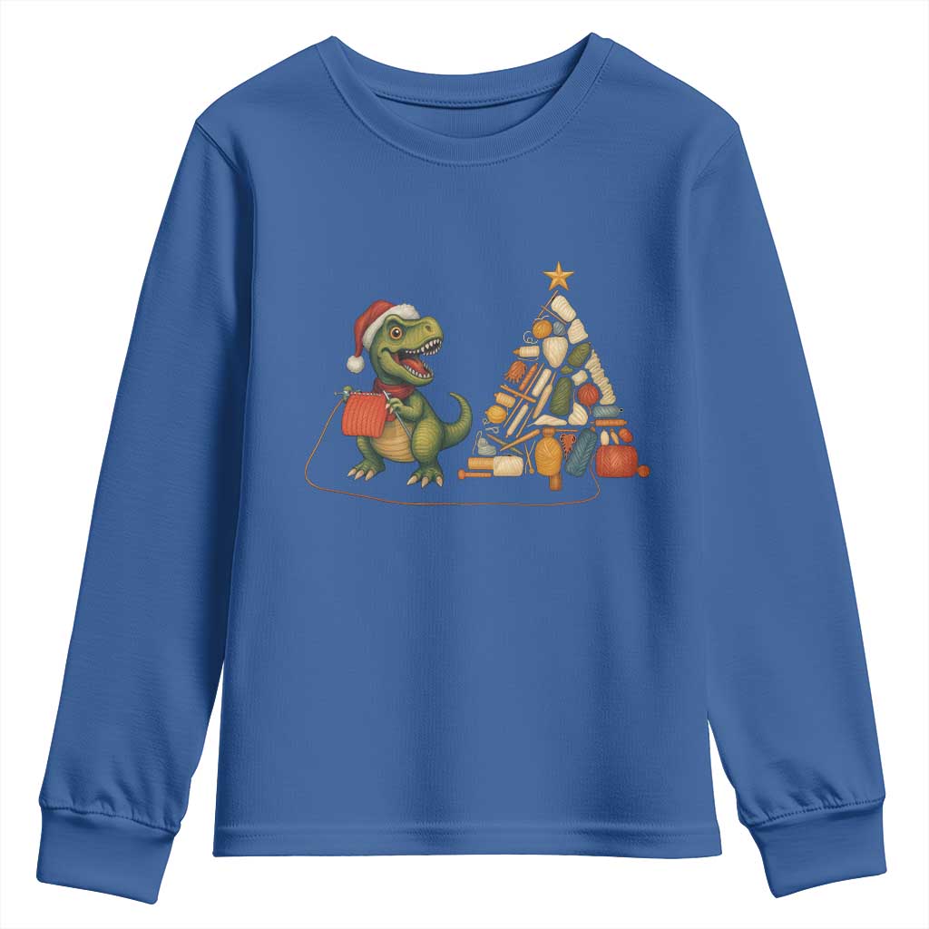 Christmas Dinosaur Knitting Youth Sweatshirt Funny Yarn Tree Gift - Wonder Print Shop